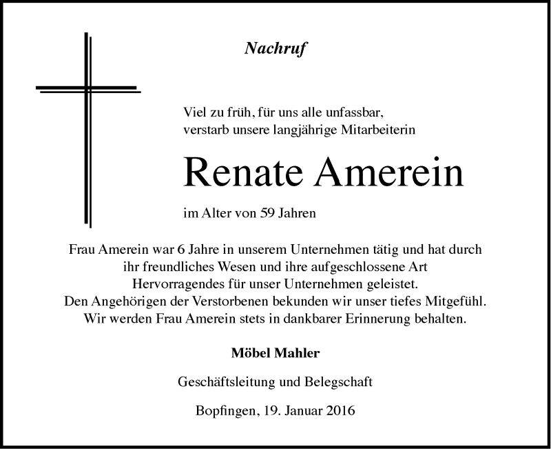  Traueranzeige für Renate Amerein vom 20.01.2016 aus Schwäbische Post