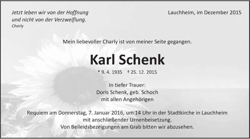  Traueranzeige für Karl Schenk vom 04.01.2016 aus Schwäbische Post