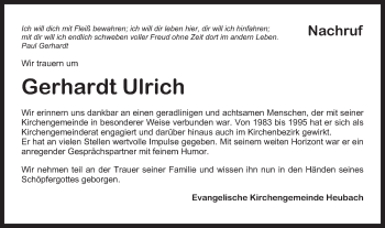 Traueranzeige von Gerhardt Ulrich von Gmünder Tagespost