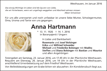 Traueranzeige von Anna Hartmann von Schwäbische Post