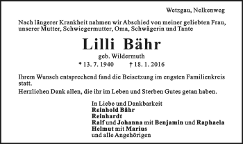 Traueranzeige von Lilli Bähr von Gmünder Tagespost