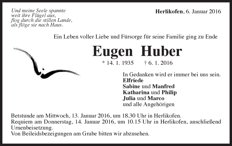  Traueranzeige für Eugen Huber vom 11.01.2016 aus Gmünder Tagespost