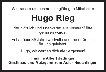 Traueranzeige von Hugo Rieg von Gmünder Tagespost