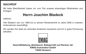 Traueranzeige von Joachim Bladeck von Gmünder Tagespost