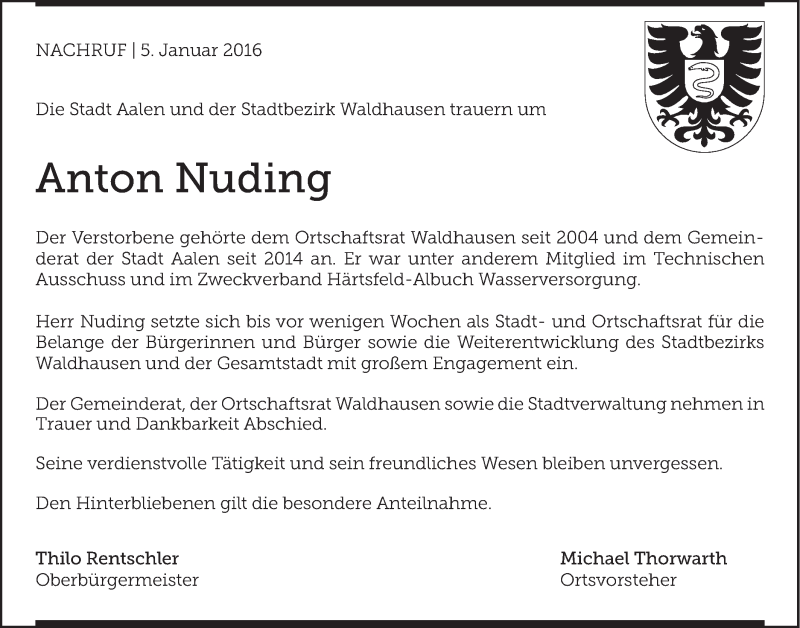  Traueranzeige für Anton Nuding vom 05.01.2016 aus Schwäbische Post