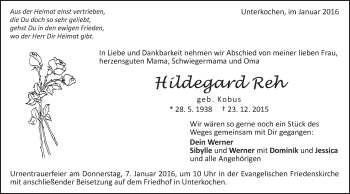 Traueranzeige von Hildegard Reh von Schwäbische Post