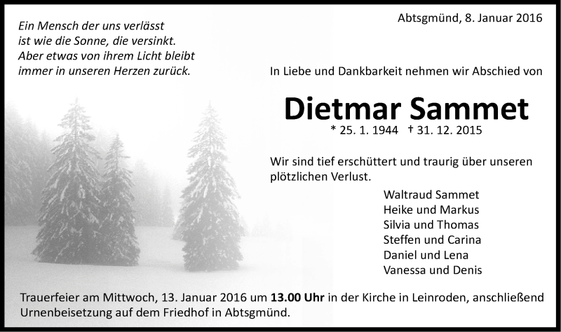  Traueranzeige für Dietmar Sammet vom 08.01.2016 aus Schwäbische Post