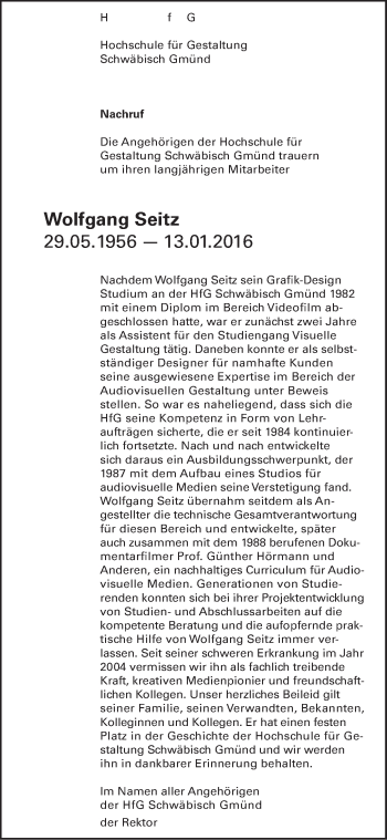 Traueranzeige von Wolfgang Seitz von Gmünder Tagespost