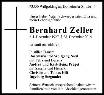 Traueranzeige von Bernhard Zeller von Gmünder Tagespost