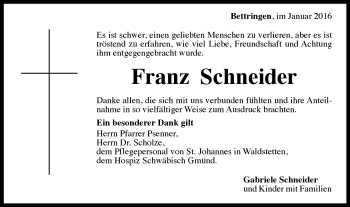 Traueranzeige von Franz Schneider von Gmünder Tagespost