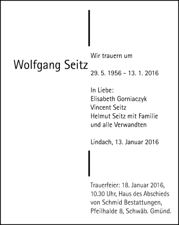 Traueranzeige von Wolfgang Seitz von Gmünder Tagespost