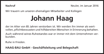 Traueranzeige von Johann Haag von Schwäbische Post