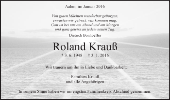 Traueranzeige von Roland Krauß von Schwäbische Post