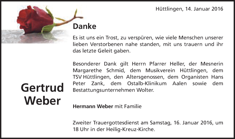  Traueranzeige für Gertrud Weber vom 14.01.2016 aus Schwäbische Post