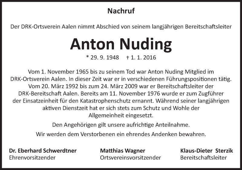  Traueranzeige für Anton Nuding vom 05.01.2016 aus Schwäbische Post