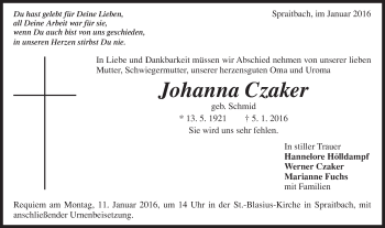 Traueranzeige von Johanna Czaker von Gmünder Tagespost