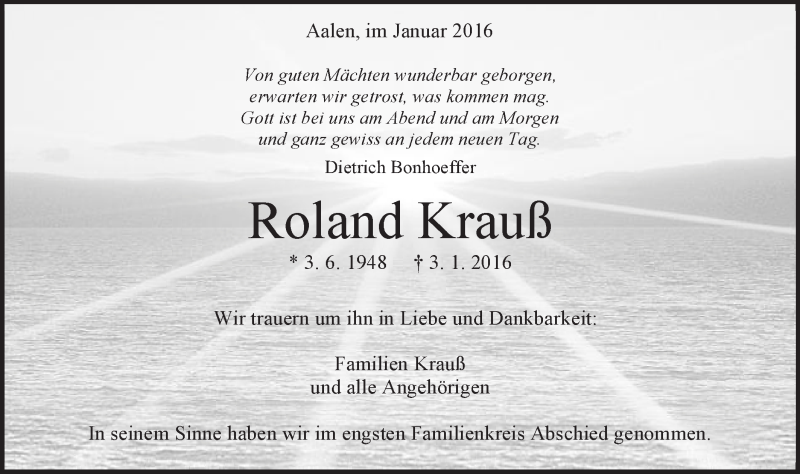  Traueranzeige für Roland Krauß vom 07.01.2016 aus Schwäbische Post