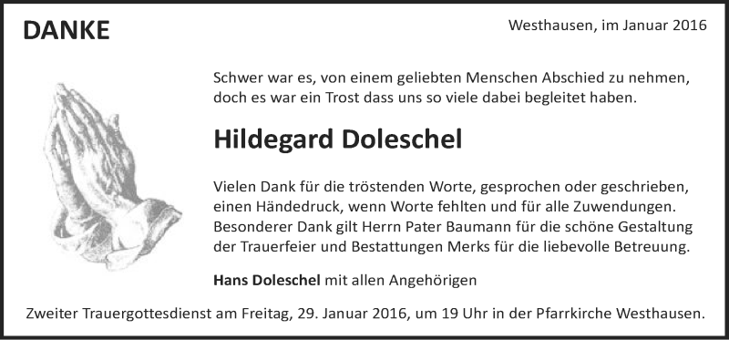  Traueranzeige für Hildegard Doleschel vom 25.01.2016 aus Schwäbische Post