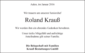 Traueranzeige von Roland Krauß von Schwäbische Post