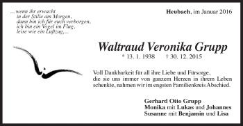 Traueranzeige von Waldtraud Veronika Grupp von Gmünder Tagespost