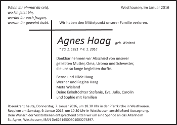 Traueranzeige von Agnes Haag von Schwäbische Post