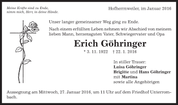 Traueranzeige von Erich Göhringer von Schwäbische Post