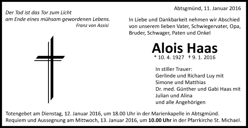  Traueranzeige für Alois Haas vom 11.01.2016 aus Schwäbische Post
