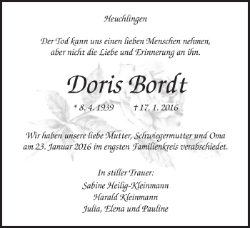 Traueranzeige von Doris Bordt von Gmünder Tagespost