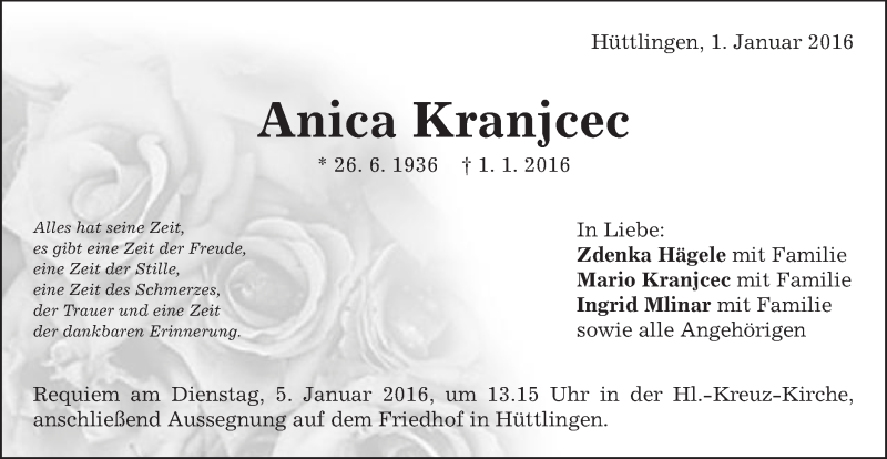  Traueranzeige für Anica Kranjcec vom 04.01.2016 aus Schwäbische Post