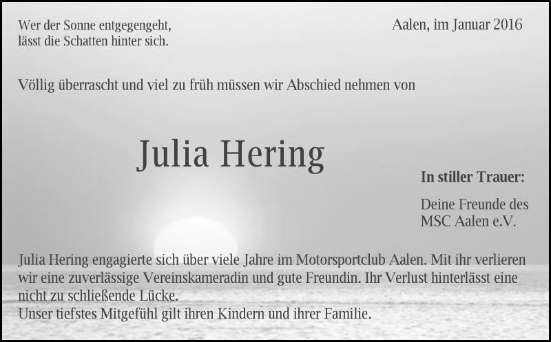  Traueranzeige für Julia Hering vom 16.01.2016 aus Schwäbische Post