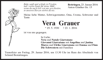 Traueranzeige von Vera Grauer von Gmünder Tagespost