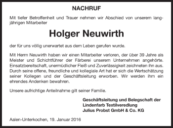 Traueranzeige von Holger Neuwirth von Schwäbische Post