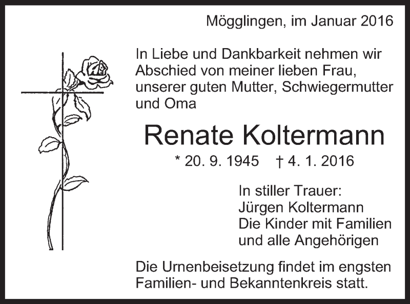  Traueranzeige für Renate Koltermann vom 13.01.2016 aus Gmünder Tagespost