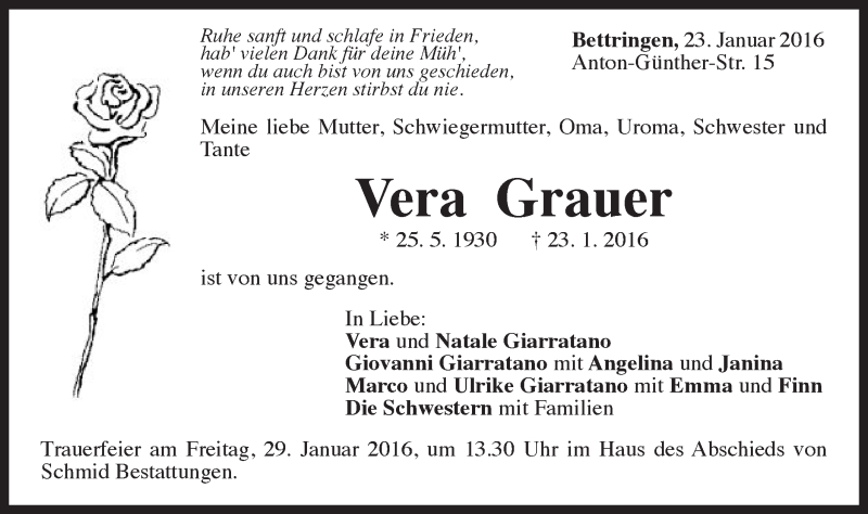  Traueranzeige für Vera Grauer vom 26.01.2016 aus Gmünder Tagespost