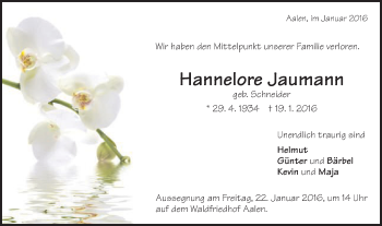 Traueranzeige von Hannelore Jaumann von Schwäbische Post