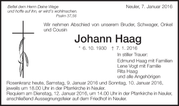 Traueranzeige von Johann Haag von Schwäbische Post