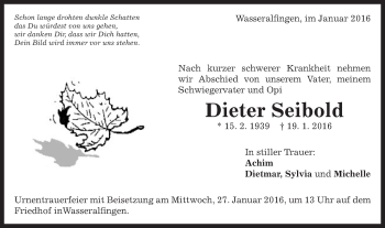 Traueranzeige von Dieter Seibold von Schwäbische Post