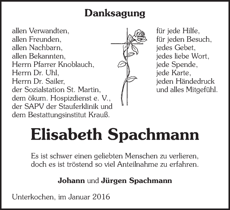 Traueranzeige für Elisabeth Spachmann vom 02.01.2016 aus Schwäbische Post