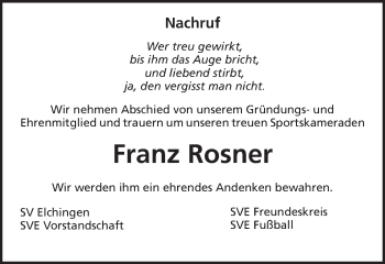 Traueranzeige von Franz Rosner von Schwäbische Post