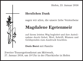 Traueranzeige von Magdalene Egetenmeir von Schwäbische Post