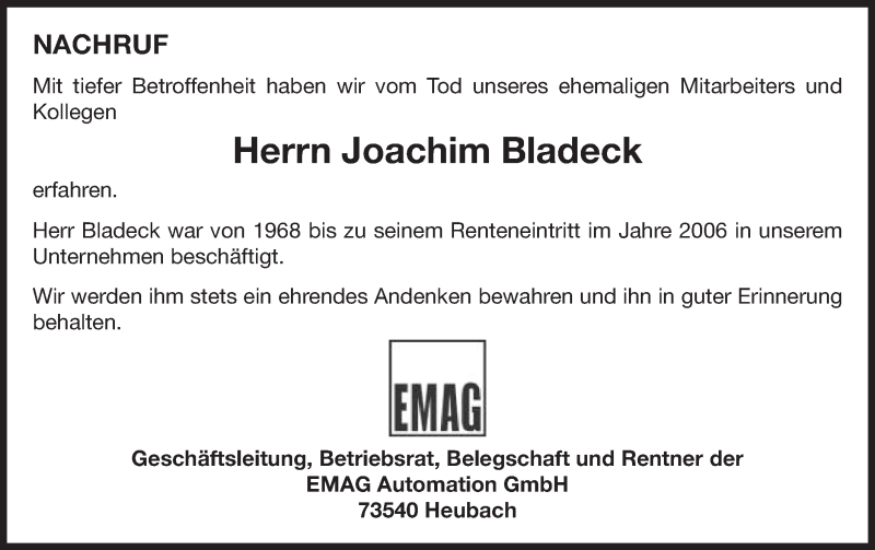  Traueranzeige für Joachim Bladeck vom 13.01.2016 aus Gmünder Tagespost