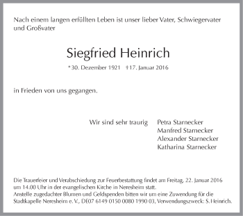 Traueranzeige von Siegfried Heinrich von Schwäbische Post