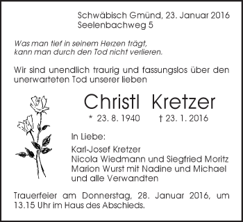 Traueranzeige von Christl Kretzer von Gmünder Tagespost
