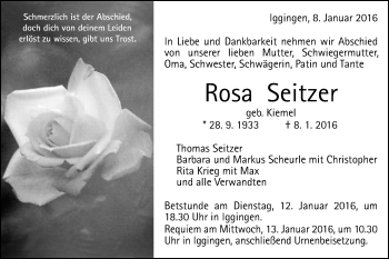Traueranzeige von Rosa Seitzer von Gmünder Tagespost