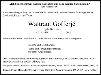 Traueranzeige von Waltraut Gofferjé von Schwäbische Post