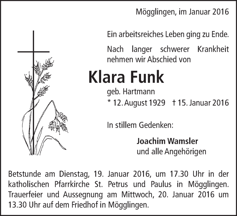  Traueranzeige für Klara Funk vom 18.01.2016 aus Gmünder Tagespost