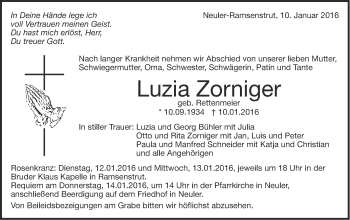 Traueranzeige von Luzia Zorniger von Schwäbische Post