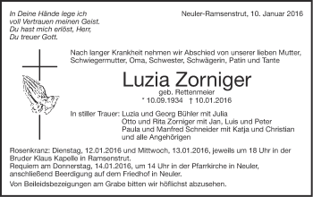 Traueranzeige von Luzia Zorniger