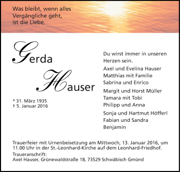 Traueranzeige von Gerda Hauser von Gmünder Tagespost