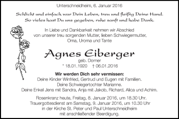 Traueranzeige von Agnes Eiberger von Schwäbische Post